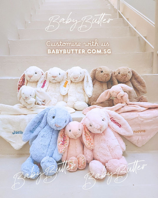 A family of personalised Jellycat bunnies